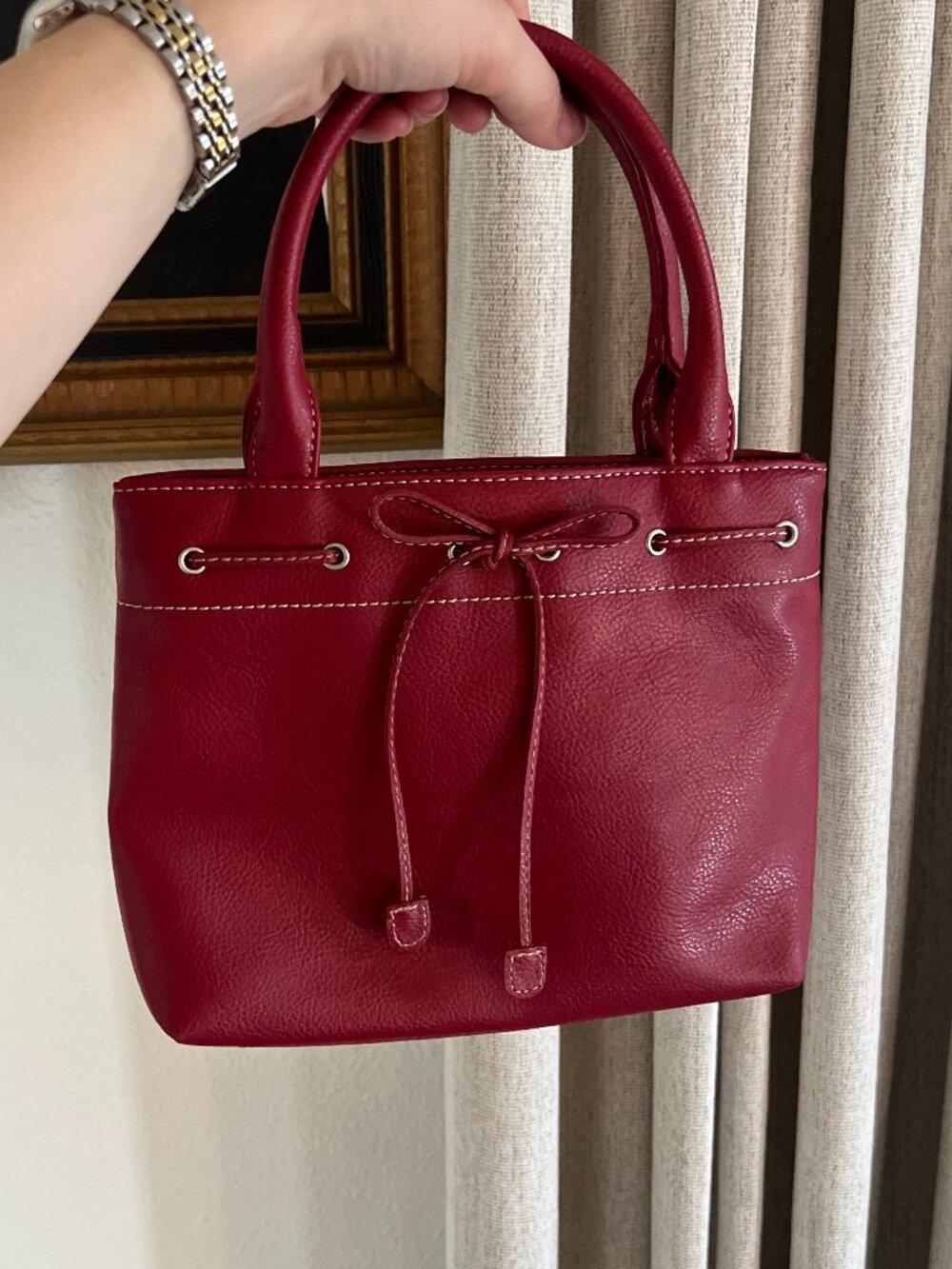 Amanda Smith Red Pebbled Faux Leather Mini Tote Bag Bow Satchel Purse